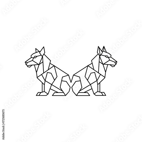 A symmetrical illustration of two geometric wolves sitting back-to-back in a modern, minimalist line art style.