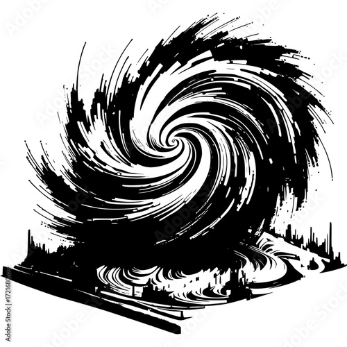 Whirlwind of Nature's Fury: A dramatic and dynamic monochrome illustration captures the raw power and chaotic beauty of a spiraling weather phenomenon, showcasing the sheer force of nature's elements.