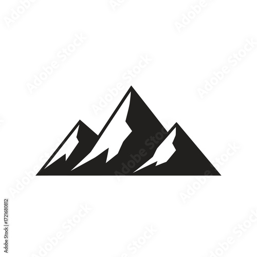 Stylized black and white graphic illustration of three jagged mountain peaks against a white background, representing a natural landscape.