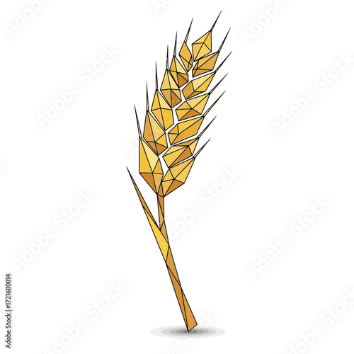 Stylized golden wheat stalk rendered in a geometric, low-poly art style against a clean white background, showcasing its distinct seed head and stem.
