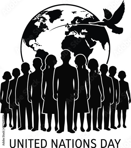 Silhouetted group stands before earth with dove for united nations day