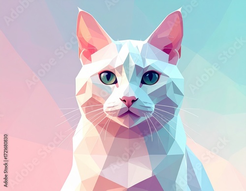 Low-poly white cat portrait on pastel gradient background