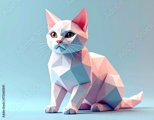 Low-poly pastel cat sitting on soft gradient, geometric 3D render