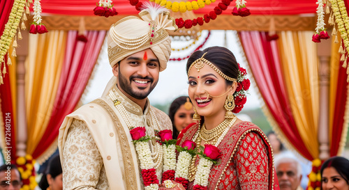 Radiant Indian Couple Celebrates Traditional Wedding Ceremony