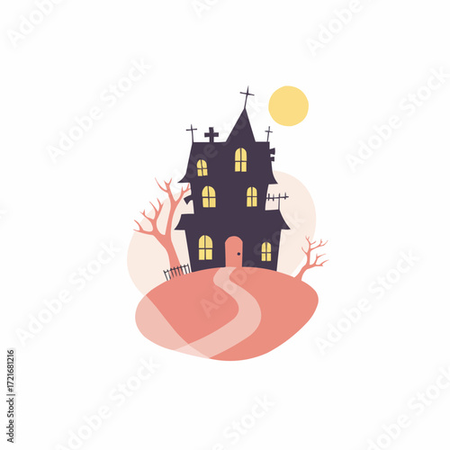 Haunted house with spooky trees under the sun in pastel colors  