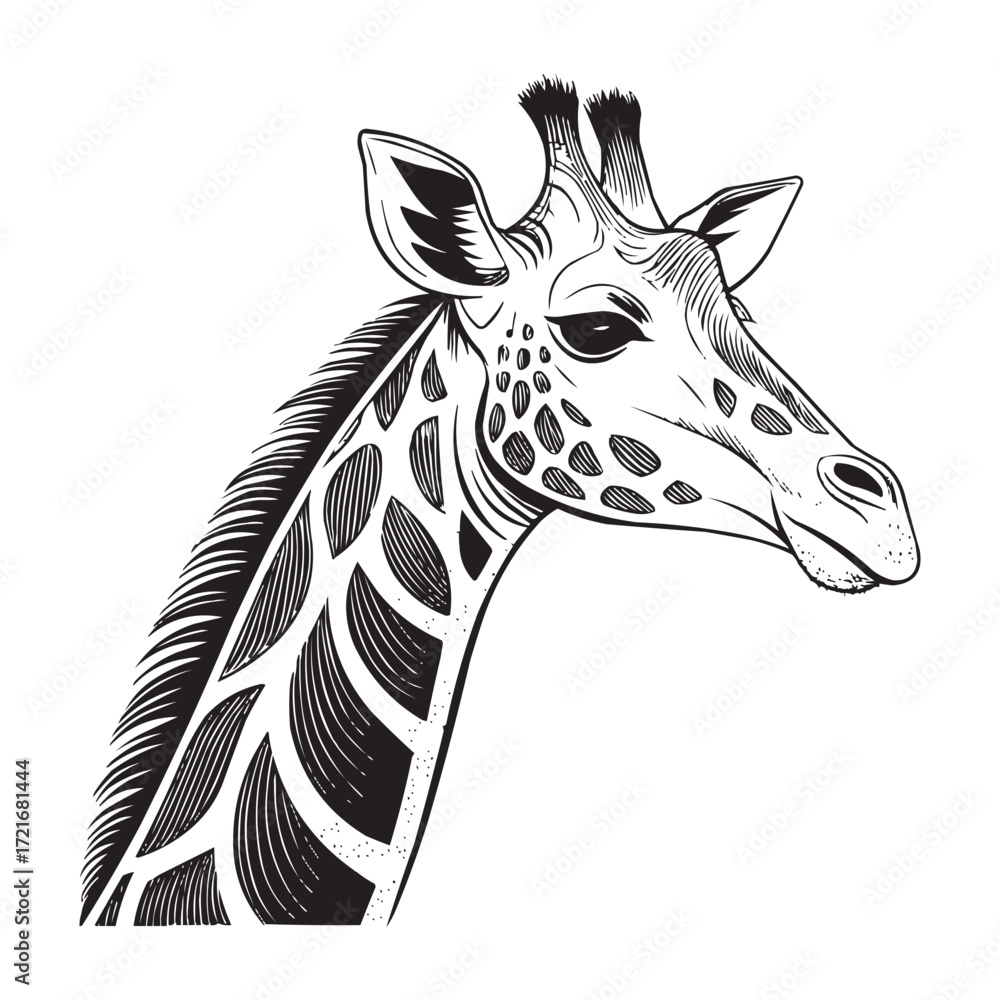 Naklejka premium Stylized Giraffe Illustration - Detailed Ink Drawing of a Giraffe Head