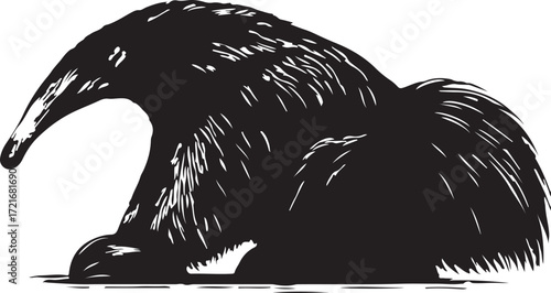 A stylized black and white illustration of a prehistoric woolly mammoth with a long trunk and shaggy fur