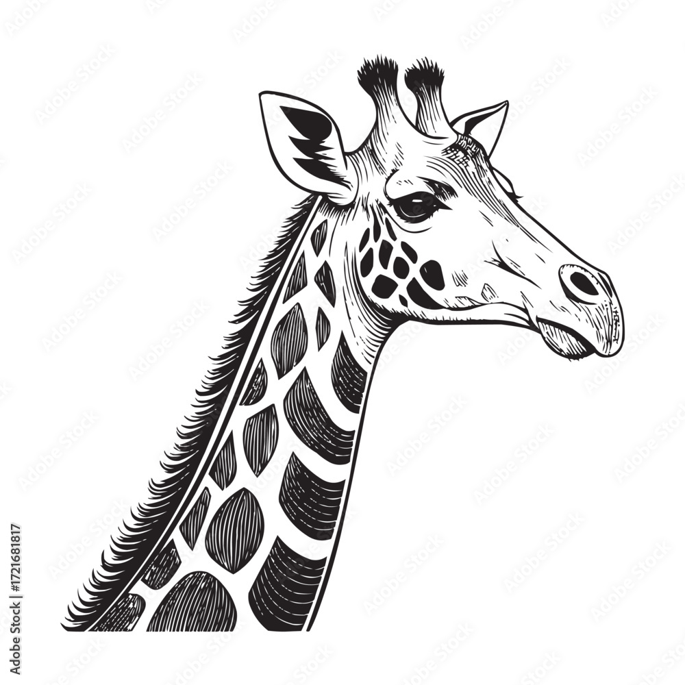 Naklejka premium Stylized Giraffe Illustration - Detailed Ink Drawing of a Giraffe Head