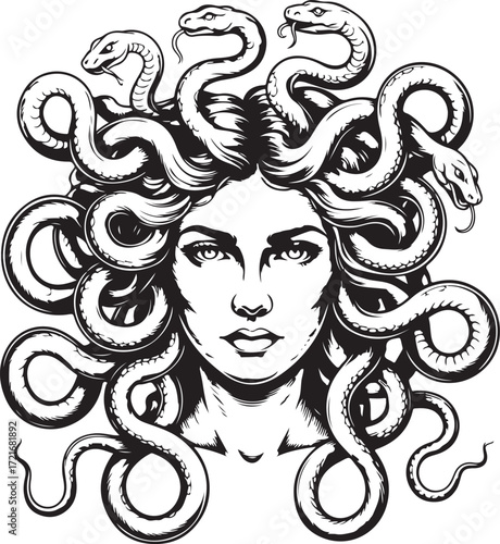 Black and white illustration of Medusa with snakes for hair and piercing eyes Gorgon Greek mythology