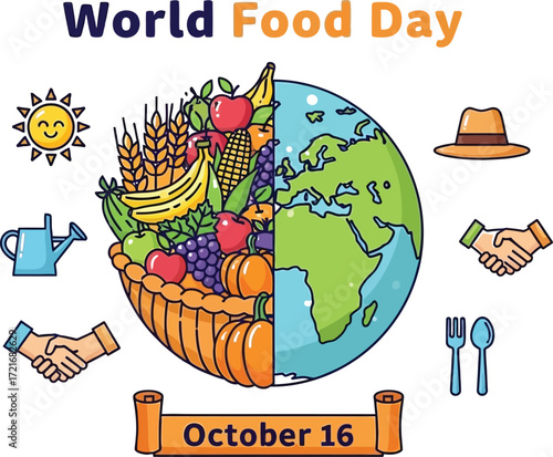 World food day illustration with fruits and vegetables on earth globe