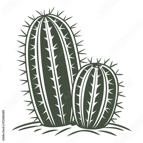 Two monochromatic cactus plants stand closely together on a small mound of dirt