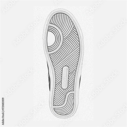 Curved grooves and bold ridges trace a labyrinth beneath the shoe, capturing rhythm, movement, grip, balance, resilience, direction, and endurance.