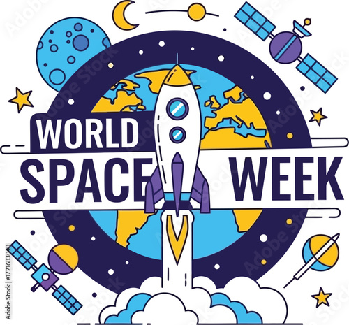 Cartoon rocket launching for world space week celebration illustration