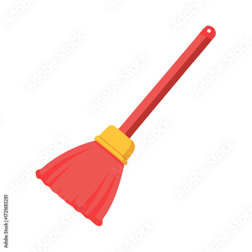 Red Broom with Wooden Handle Colored Icon