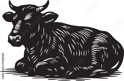 Black and white woodcut illustration of a resting cow with horns lying down in a field