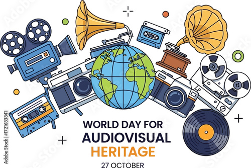 World audiovisual heritage day illustration with vintage media items