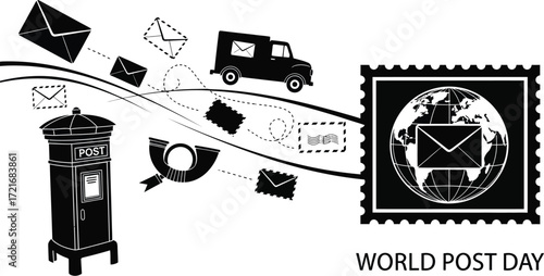World post day illustration with letters truck postbox and stamp art
