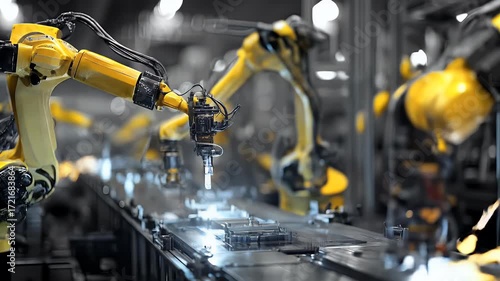 Automated assembly line with yellow robots