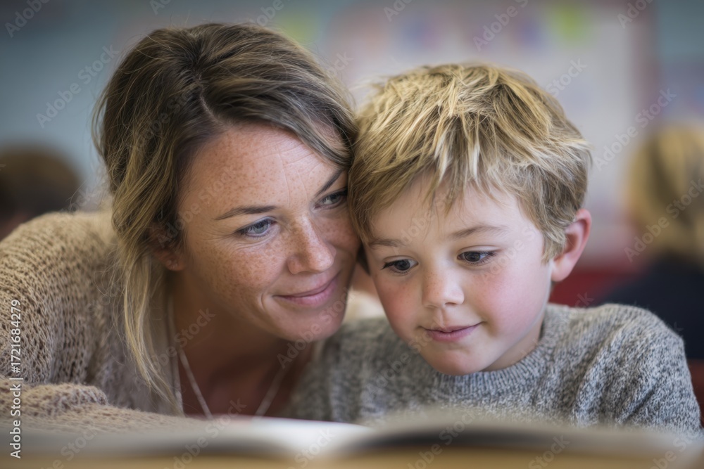 Obraz premium Child reading aloud in class, teacher assisting