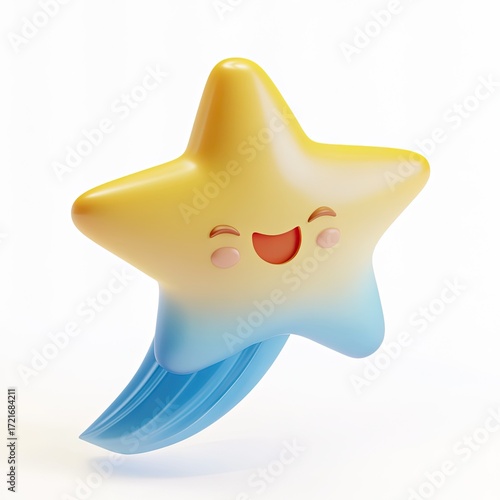 Cute, cartoon star with happy expression, light yellow gradient, blue tail