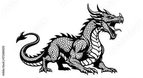 powerful fantasy dragon vector with muscular scaled body curling tail horns and open mouth illustration