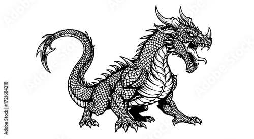 powerful fantasy dragon vector with muscular scaled body curling tail horns and open mouth illustration