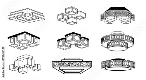 minimalist and ornate ceiling light fixture vector illustrations in black and white 