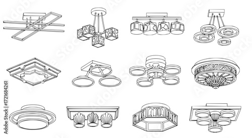 minimalist and ornate ceiling light fixture vector illustrations in black and white 