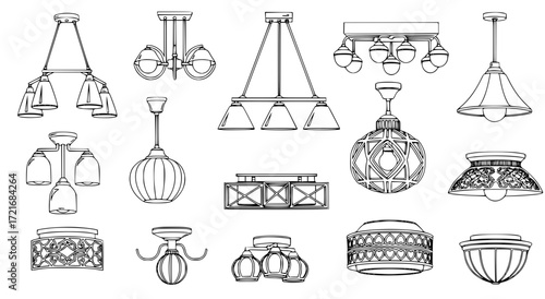 minimalist and ornate ceiling light fixture vector illustrations in black and white 