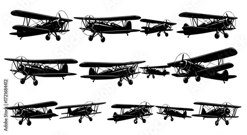 set of  biplane vector silhouettes vintage design