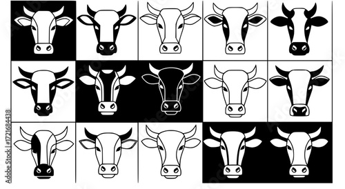 cow head vector art set grid black and white farm animal geometric illustration pattern