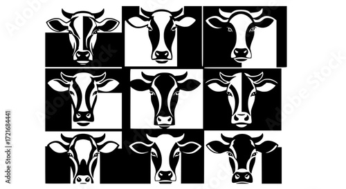 cow head vector art set grid black and white farm animal geometric illustration pattern