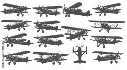 set of  biplane vector silhouettes vintage design