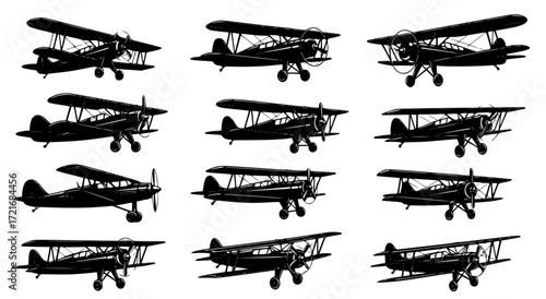 set of  biplane vector silhouettes vintage design
