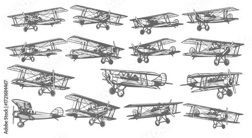 set of  biplane vector silhouettes vintage design