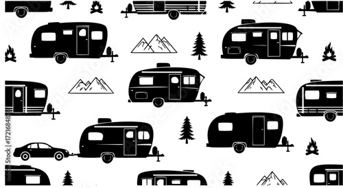 vintage camper silhouette seamless vector pattern
