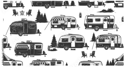 vintage camper silhouette seamless vector pattern