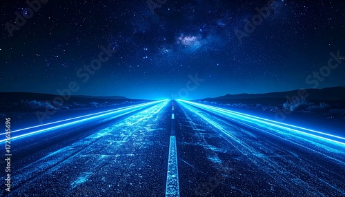 An expansive road bathed in blue light stretches into the night under a starry sky, creating an ethereal and futuristic feel