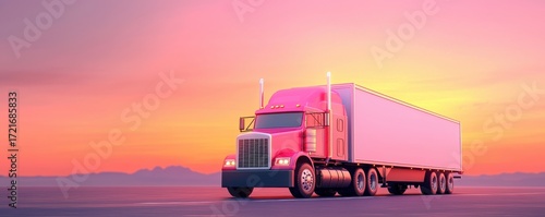 A vibrant pink sunset highlights a large truck on an open road, symbolizing journey and freedom.