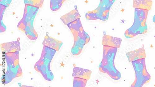 Iridescent stocking pattern — repeating holo stockings with little chrome buckle details on pearly white field