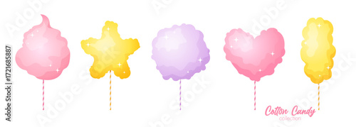 Vector illustration of colorful cotton candy different colors and shapes. Sweet dessert design in pastel tones, creative confectionery art for children’s party, carnival, festival, fair, etc.