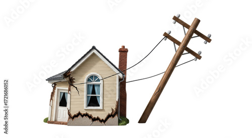 Fotografie Isolated miniature damaged house and fallen telephone pole, disaster, aftermath,