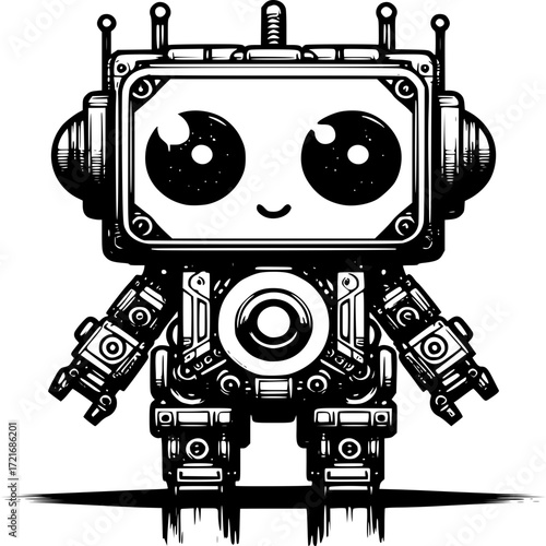 Cute Cartoon Robot: A charming robot character, with a friendly expression, stands with a mix of innocence and technological detail, appealing to viewers