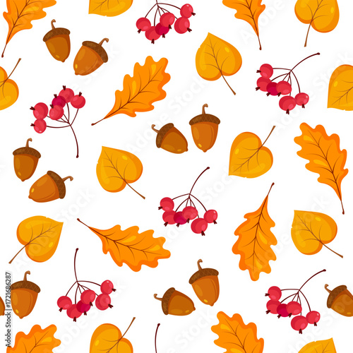 Vector seamless pattern with autumn elements acorns, rowan berries and fallen leaves in shades of yellow and orange isolated on a white background.