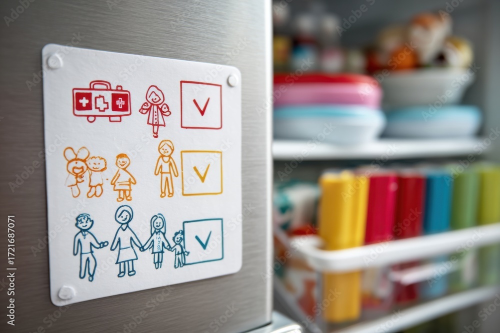 Obraz premium Close-up of bilingual emergency checklist on fridge with magnets and family drawings in background