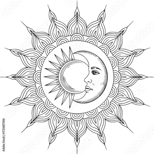 Black and white sun and moon face mandala with radiating petal design celestial