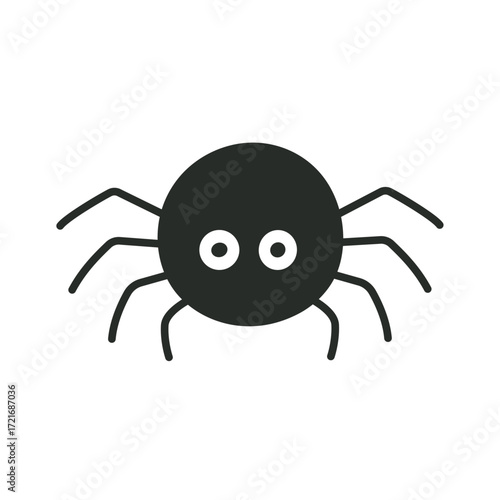 Minimalist black spider vector illustration featuring eight legs and two eyes on a white background. Perfect for Halloween, web design, or educational purposes. 