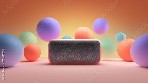 Front Facing Portable Speaker Surrounded by Colorful Gradient Spheres
