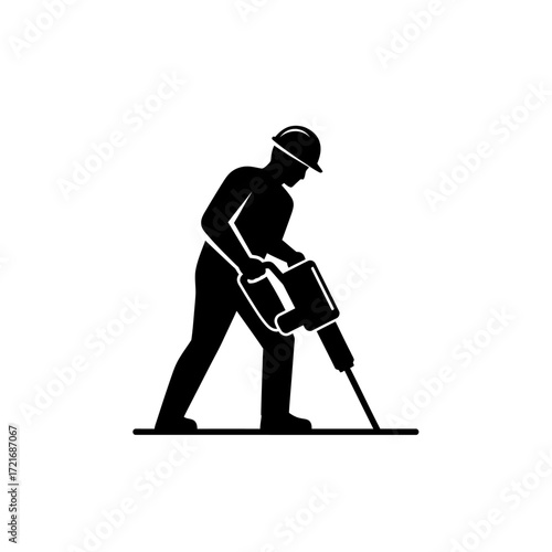 A black silhouette icon of a construction worker wearing a hard hat and operating a jackhammer to break the ground.