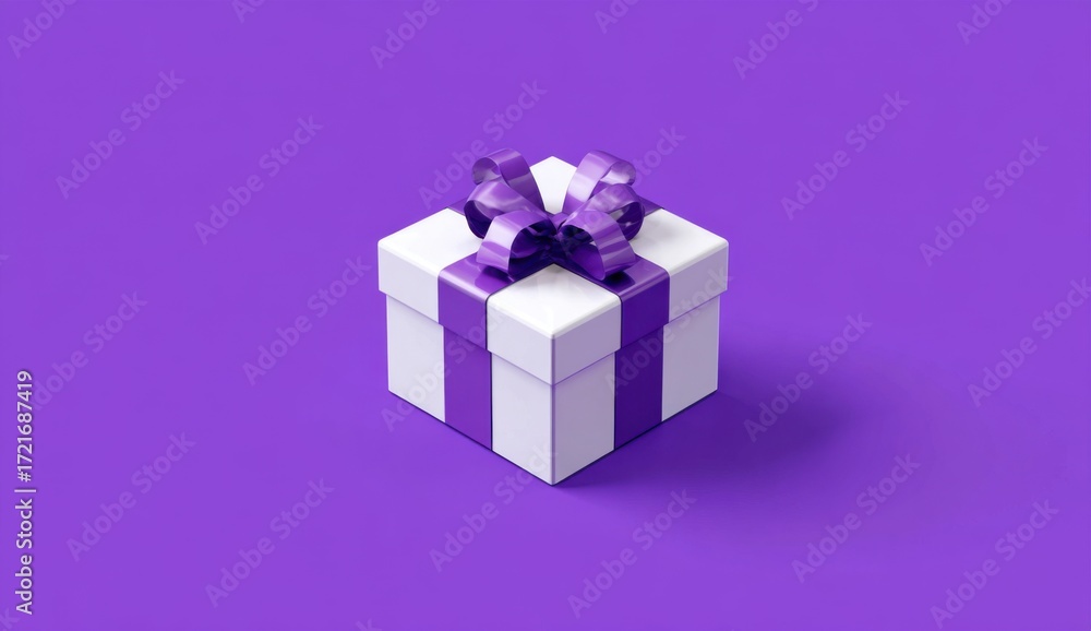 Obraz premium A white gift box with a purple ribbon bow on a vibrant purple background. A simple, 3D rendering